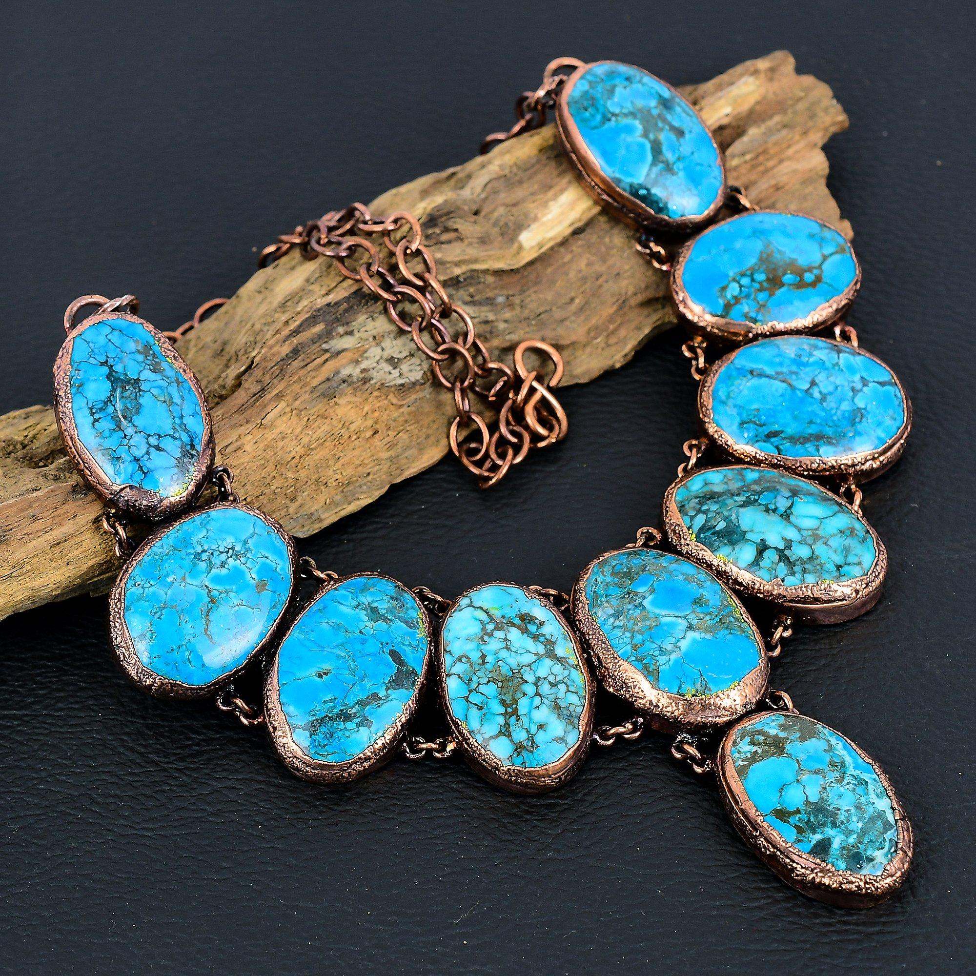 

Blue Turquoise Handmade Gemstone Necklace, Copper Electroformed Antique Jewelry Adjustable Chain Necklace, For Engagement Gift