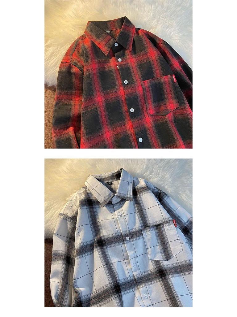 Retro rutig långärmad skjorta för kvinnor - Lös passform, Större storlekar, Koreansk stil Vårjacka