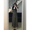Coffee Break Black Floral Suspender Xiaofei Sleeve Dress Women's Xia Hepburn Temperament Long Dress