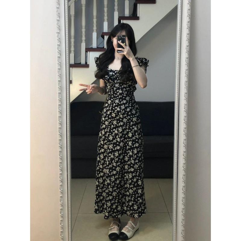 Coffee Break Black Floral Suspender Xiaofei Sleeve Dress Women's Xia Hepburn Temperament Long Dress