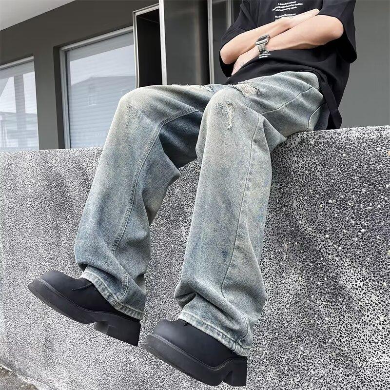 Men'S Retro Washed Vintage Wide Leg Jeans, Men'S Loose Straight Leg Casual Versatile Vibe Hanging Long Pants