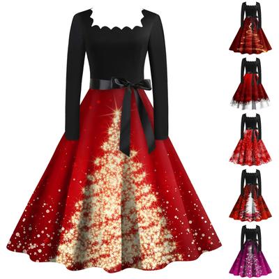 Damen Casual Fashion Weihnachtsbaum Print Langarm Kleid Cutout Party Casual Square Neck Kleid