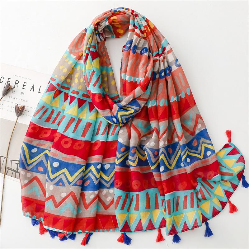 Japanese-Style Cotton & Linen Bohemian Scarf - Cashew Print and Silk Blend, Retro Artistic Design, Sunscreen Towel