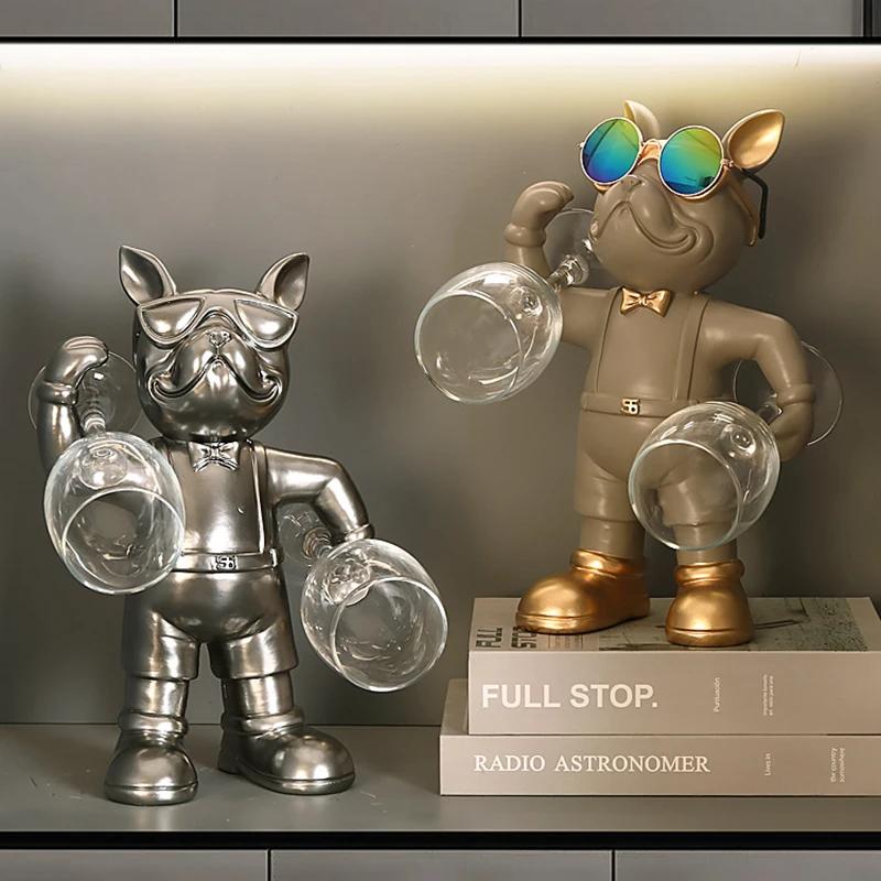 Home Decor French Bulldog Wine Rack Decoration Wine Holder Dog Butler Bottle Seat Design Statue Table Resin Decoration Sculpture
