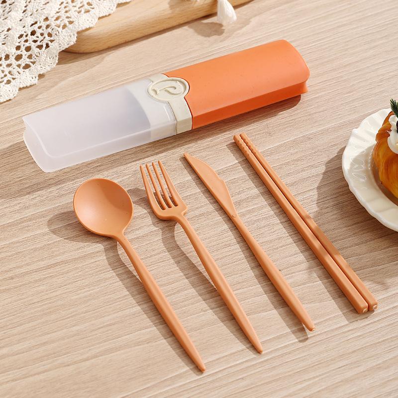 Wheat Straw Portable Cutlery Set with Storage Box Reusable Spoon Fork Chopsticks Travel Tableware Kit Utensils for Students