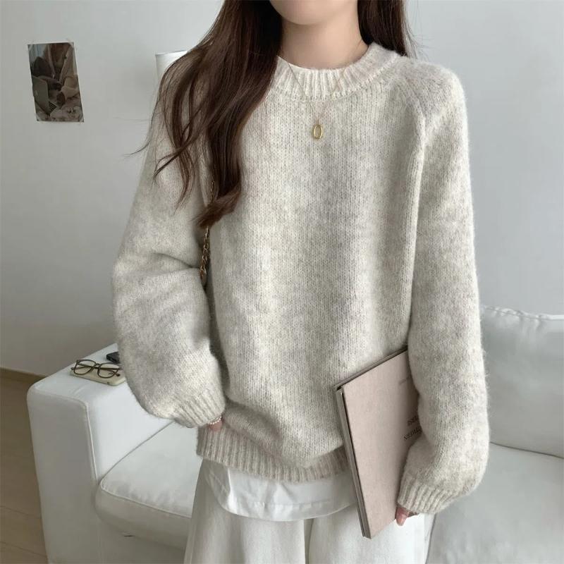 Autumn Winter Simplicity Casual  Women Sweater Lazy Wind Solid O-Neck Loose Long Sleeve Pullovers Knitted Tops