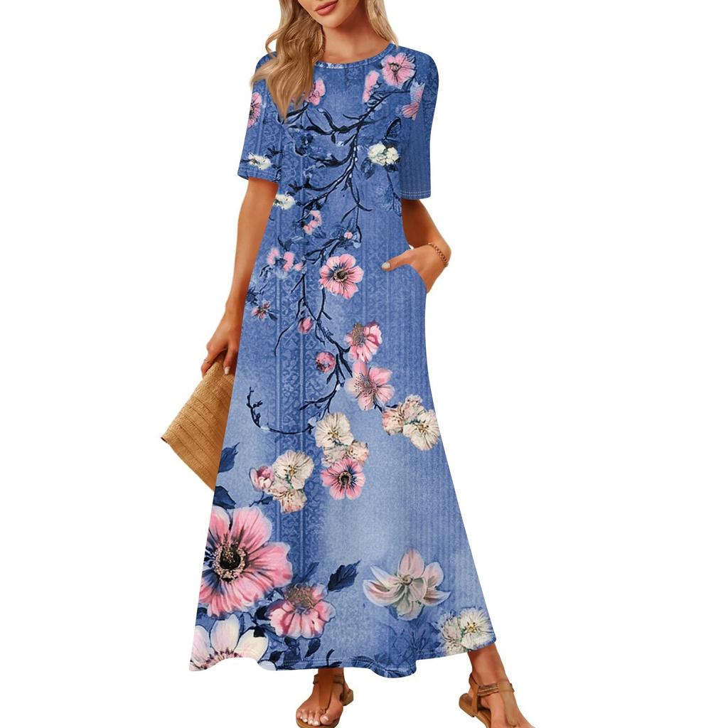 Women's Fashionable And Casual Long Beach Skirt Round Neck Short Sleeved Loose Retro Print Dress