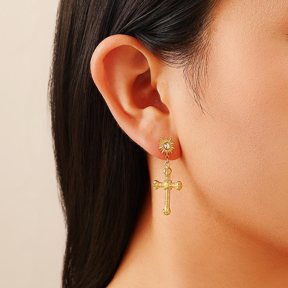 18K Gold-Plated Stainless & Titanium Steel Cross Stud Earrings for Women