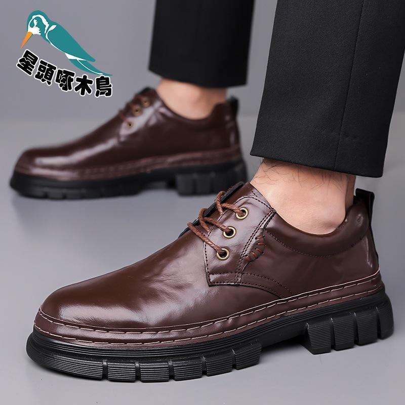 Platform business casual leather shoes men's high-end spring new hand-scratched men's shoes head leather shoes