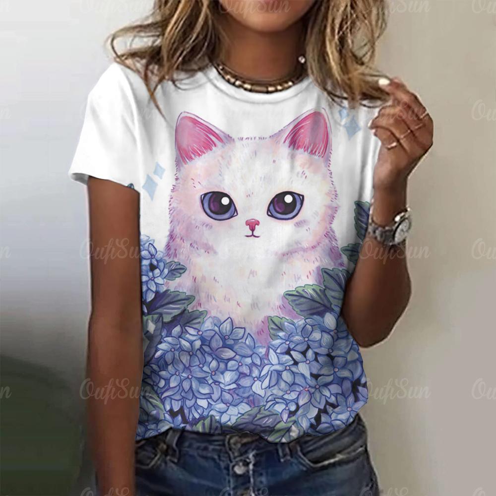 3D Fun Cat Printed Women's T-shirt Top Summer Fashion T-shirt Animal Short Sleeve T-shirt Loose Clothing