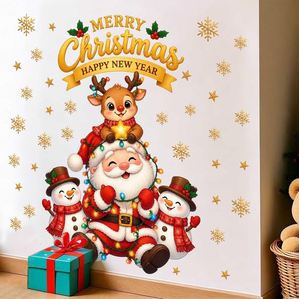 Cute Cartoon Santa Snowman Reindeer Christmas Wall Sticker Removable Bedroom Holiday Decor
