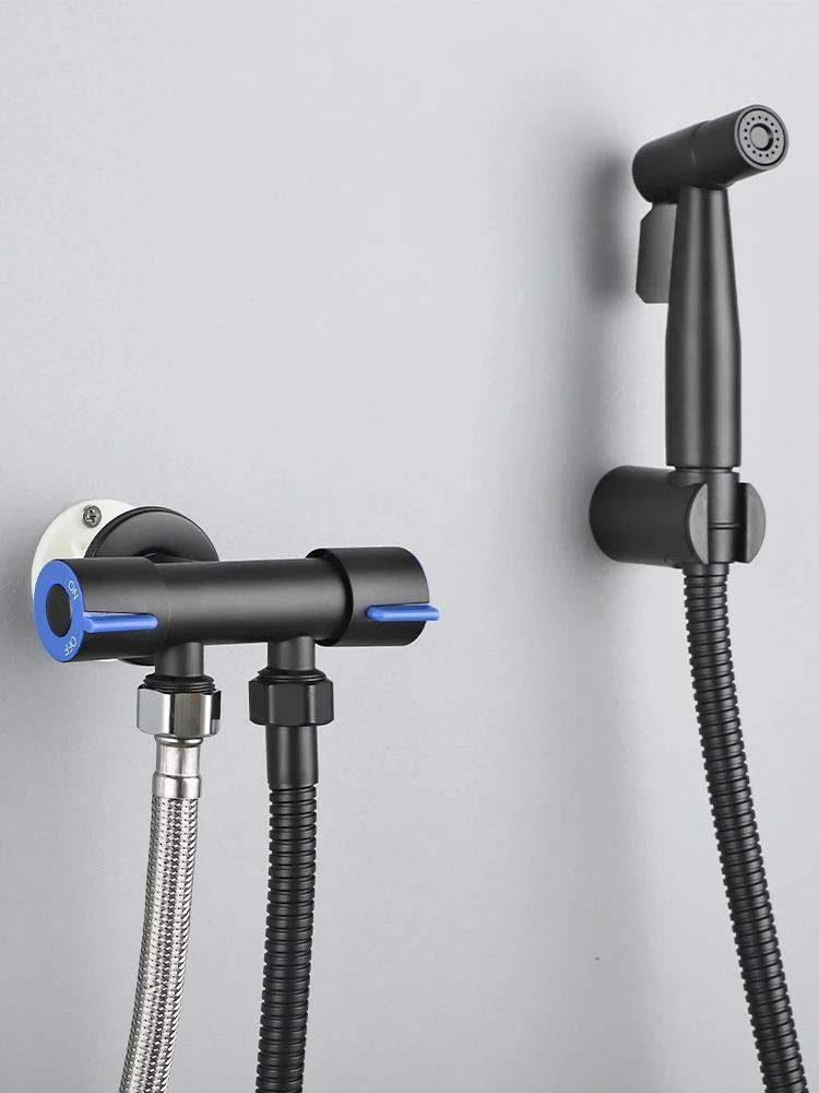 Brass Material Bidet Faucet Black Portable Bidet Sprayer Set Single Cold Water Shower Head One In Two Out Angle Valve