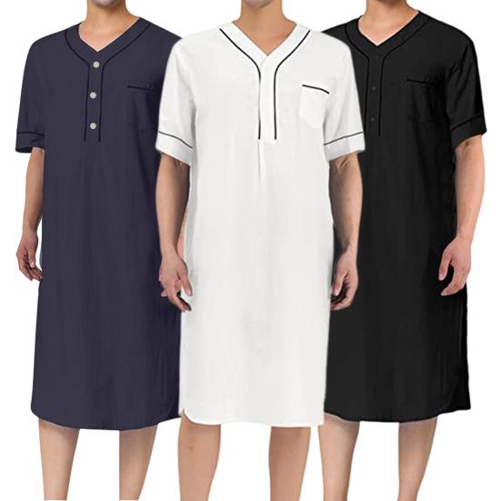 Men V-neck Short Sleeve Casual Nightgown Patch Pocket Solid Color Mid-calf Length Sleep Robe Leisure Nightdress Home Wear
