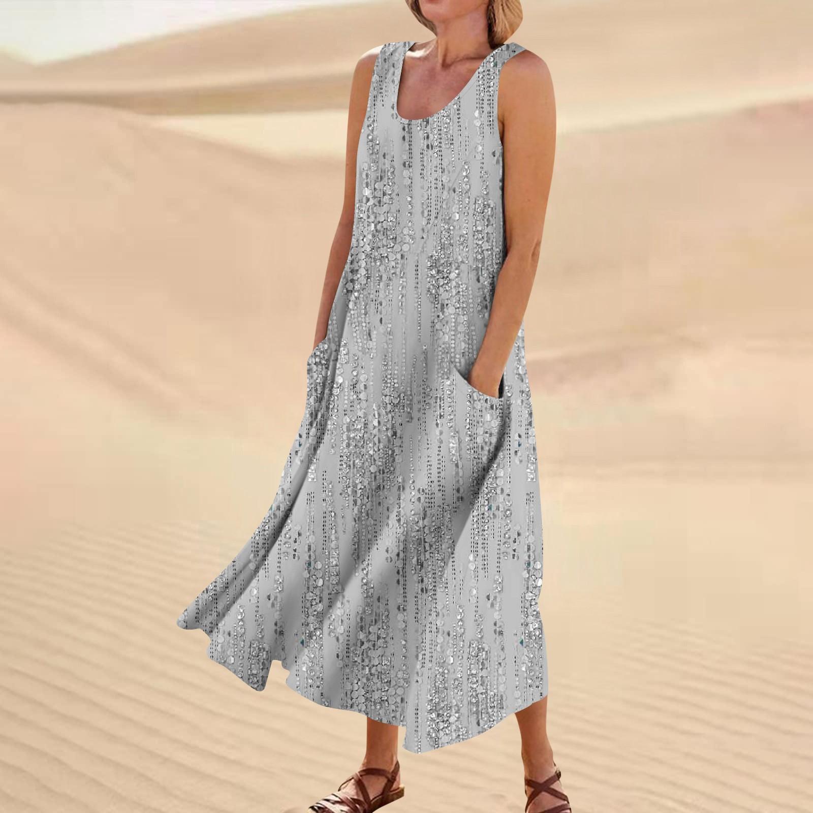 

Платье без рукавов для женщин. Женское летнее повседневное модное платье без рукавов с круглым вырезом и карманом с принтом. L серый