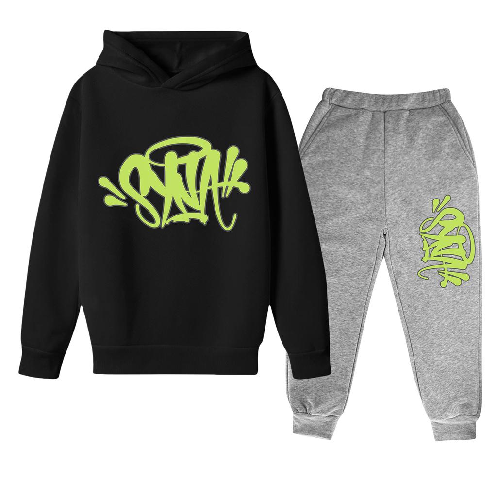 Kinder Langarm Lockerer Pullover Buchstaben-Print Kordelzug Kapuzen-Sweatshirt Set