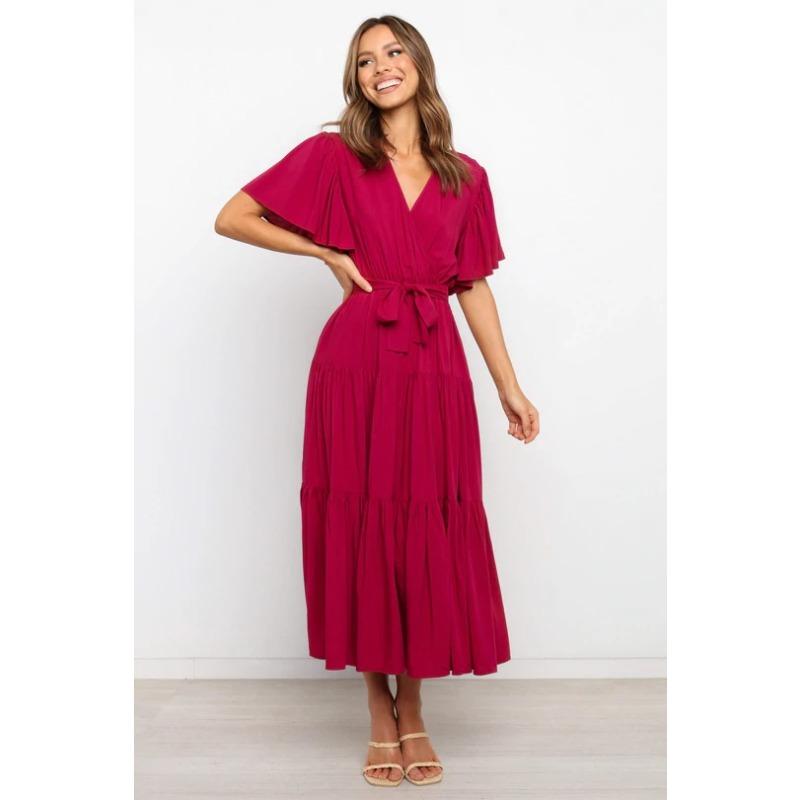 New v-neck commuter solid color short-sleeved waist dress, bohemian dress
