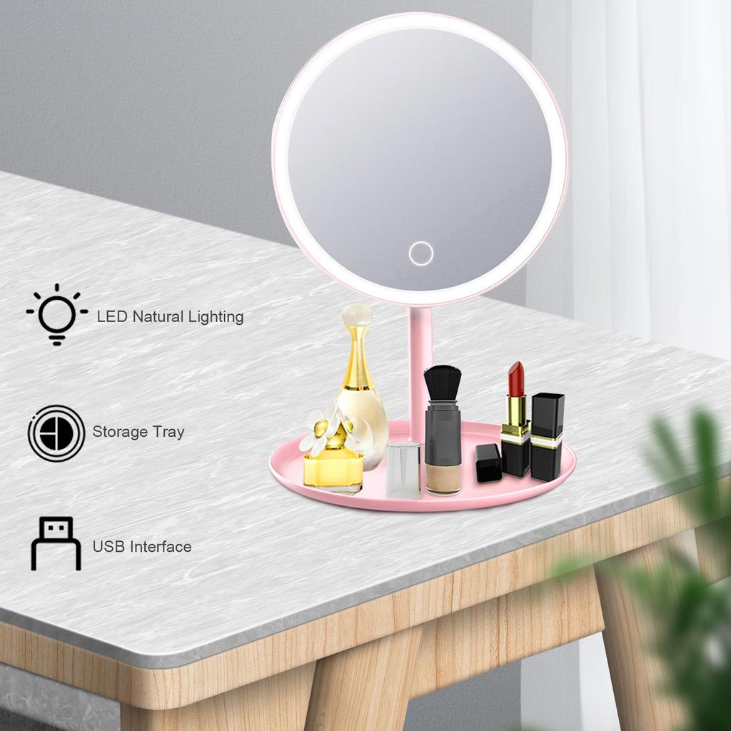Rechargeable Round Makeup Mirror with L-ED Light Screen Switch Detachable Base Desk Makeup Mirror