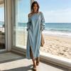 Women's One Shoulder Long Sleeve Maxi Dress, Casual Cotton Linen Long Tunic Dress, Side Slit Summer Loose Dress with Pockets