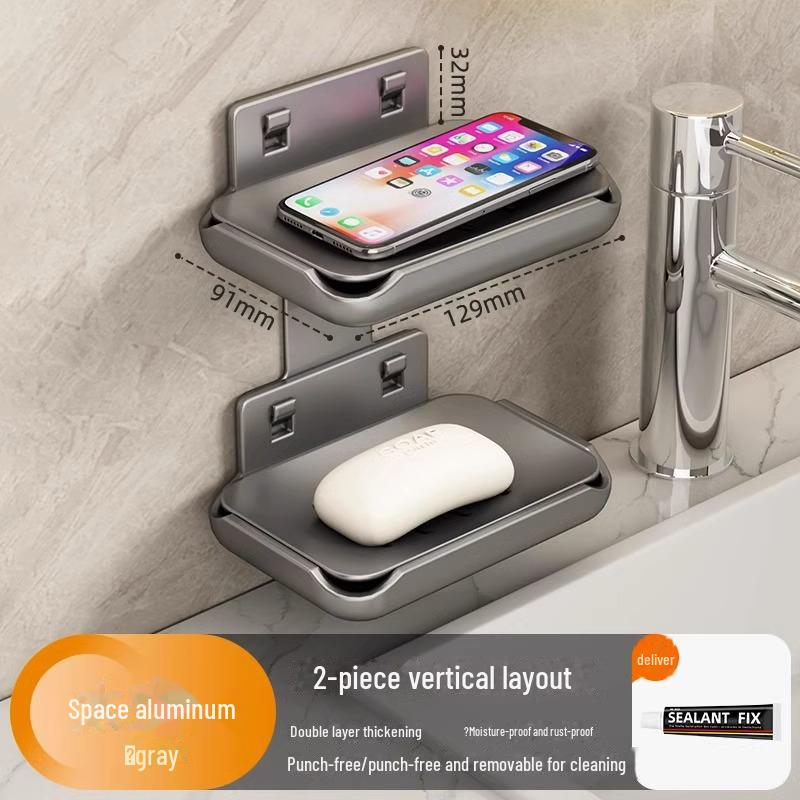 Punch-Free Wall-Mounted Soap Rack, Space-Saving Aluminum with Dual Drain Design