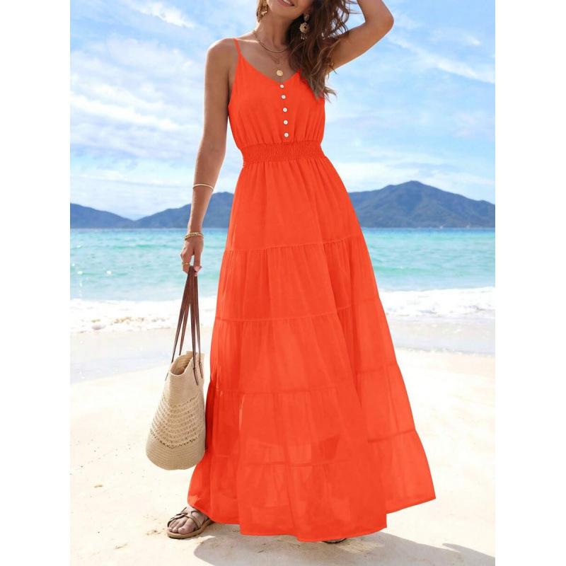 Europe, America 2026 Summer New Simple High Waist and Thin Casual Beach Vacation Suspender Dress