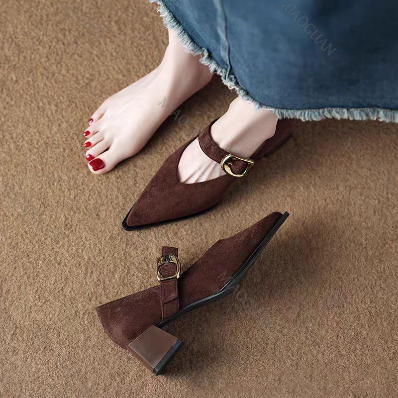 Pumps for Women Chunky Heel Pointed Toe Belt Buckle Mid Heeled Spring Autumn New Women's Office Commute Mary Jane Single Shoes