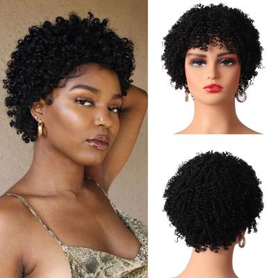 Peruka Krótkie Kręcone Peruki Syntetyczne Włosy Peruki dla Czarnoskórych Kobiet, Krótkie Kręcone Peruki Afro z Grzywką Naturalnie Kręcone Cosplay Impreza Codzienne Użycie
