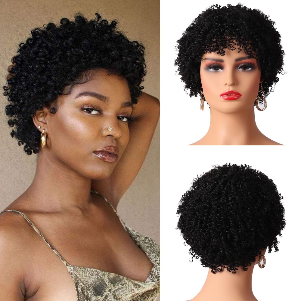 Wig Short Curly Wigs Synthetic Hair Wigs for Black Women, Short Curly Afro Wigs with Bangs Natural Curly Cosplay Party Daily Use