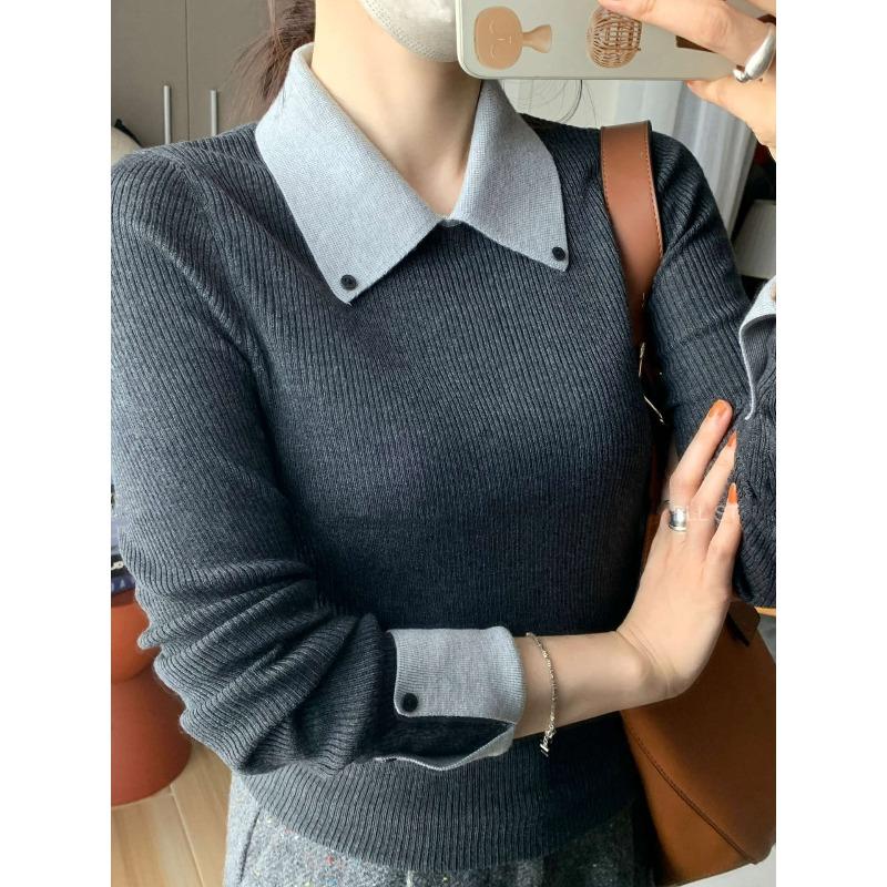 Contrast Color Polo Lapel Knitted Sweater Women's Autumn and Winter Slim and Thin Inner Long-sleeved Bottoming Top Soft Waxy Sweater