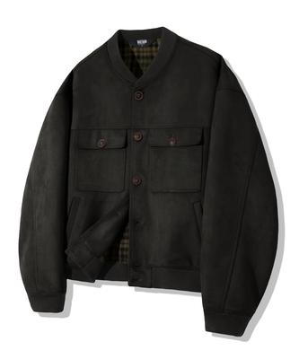 Trillion Two-Pocket Button Suede Bomber Jacket_Black