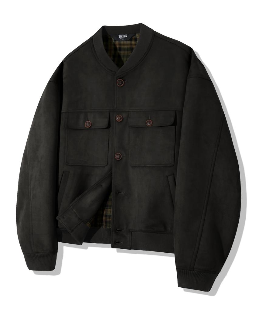 Trillion Two-Pocket Button Suede Bomber Jacket_Black