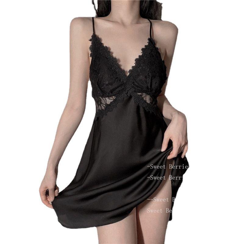 Korean Style Ice Silk Lace Backless Nightdress - Summer Sleepwear Short Skirt for Small Chest