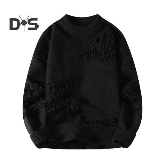 

Мужской зимний свитер с неровным рваным узором, круглый вырез, свободный, с длинными рукавами, толстый спортивный свитер для повседневной носки M чёрный