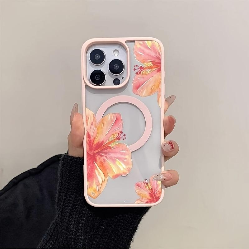 Watercolor Hibiscus Flower Design Magnetic Phone Case For iPhone 17 16 15 14 13 12 11 Pro Max Plus Air 16E Shockproof Back Cover