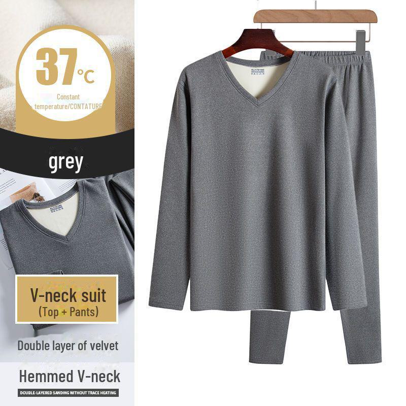 Men's Two-Color German Velvet Warm Suit: No-Pill V-Neck/Round Neck Top & Bottom Set for Autumn/Winter.