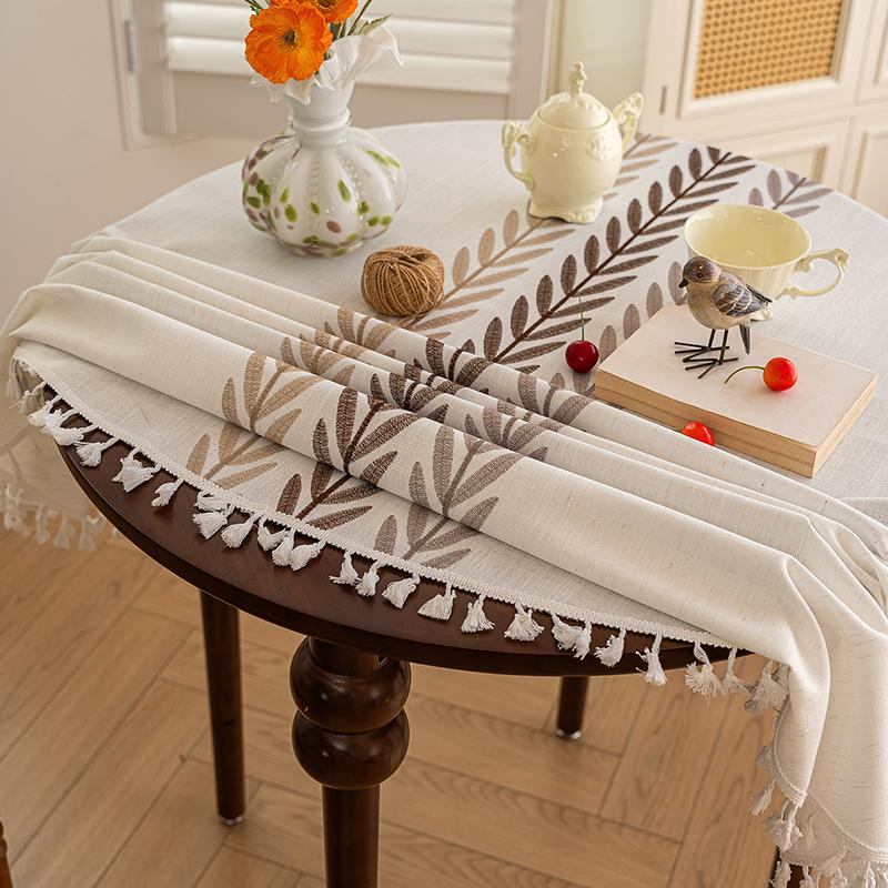 Rustic Cotton Linen Embroidered Coffee Leaf Waterproof Tablecloth Rectangular Kitchen Living Room Decor