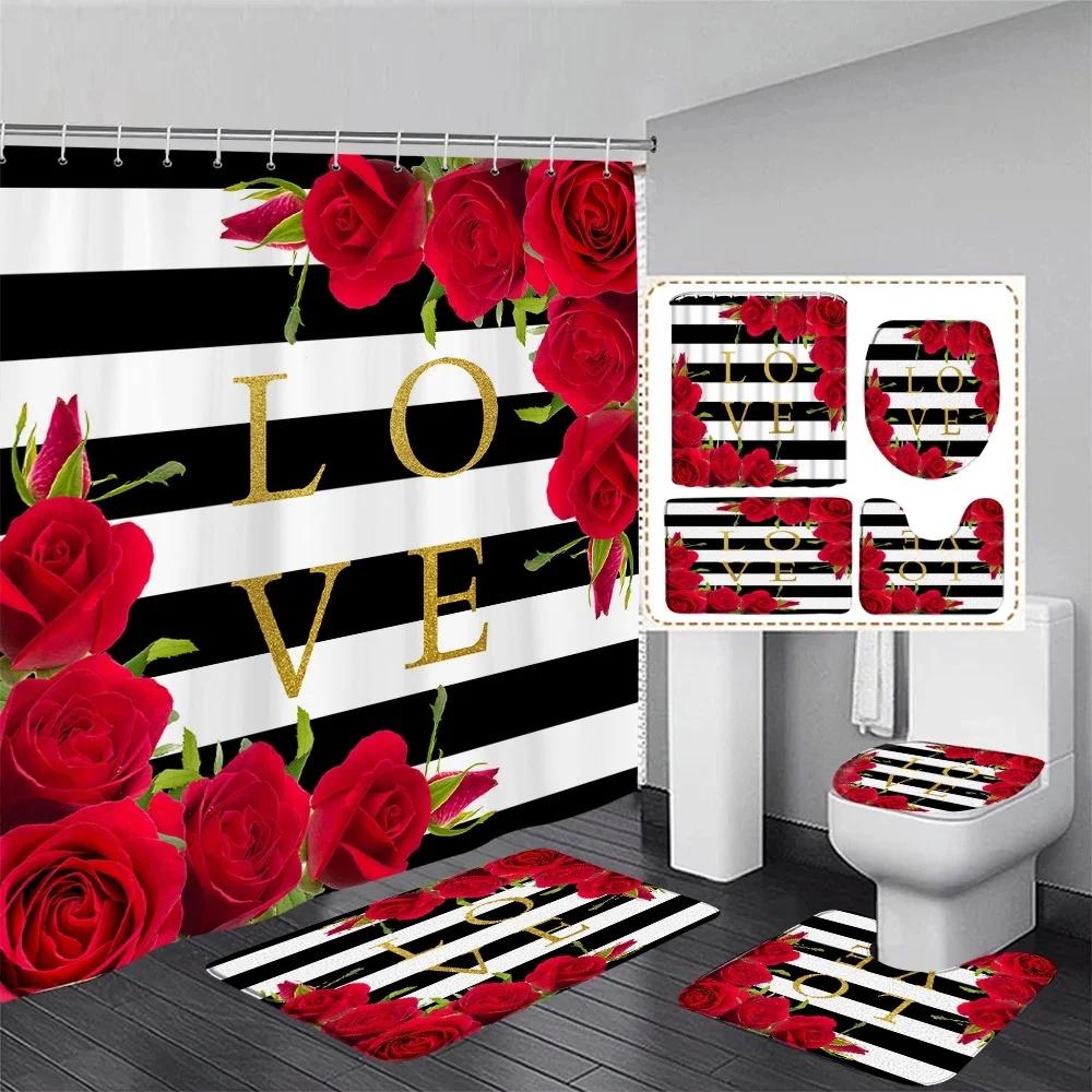 Modern Flowers And Butterfly Waterproof Shower Curtain Set Toilet Seat Cover Bath Nonslip Mat Rug Carpet Bathroom Decor Washable