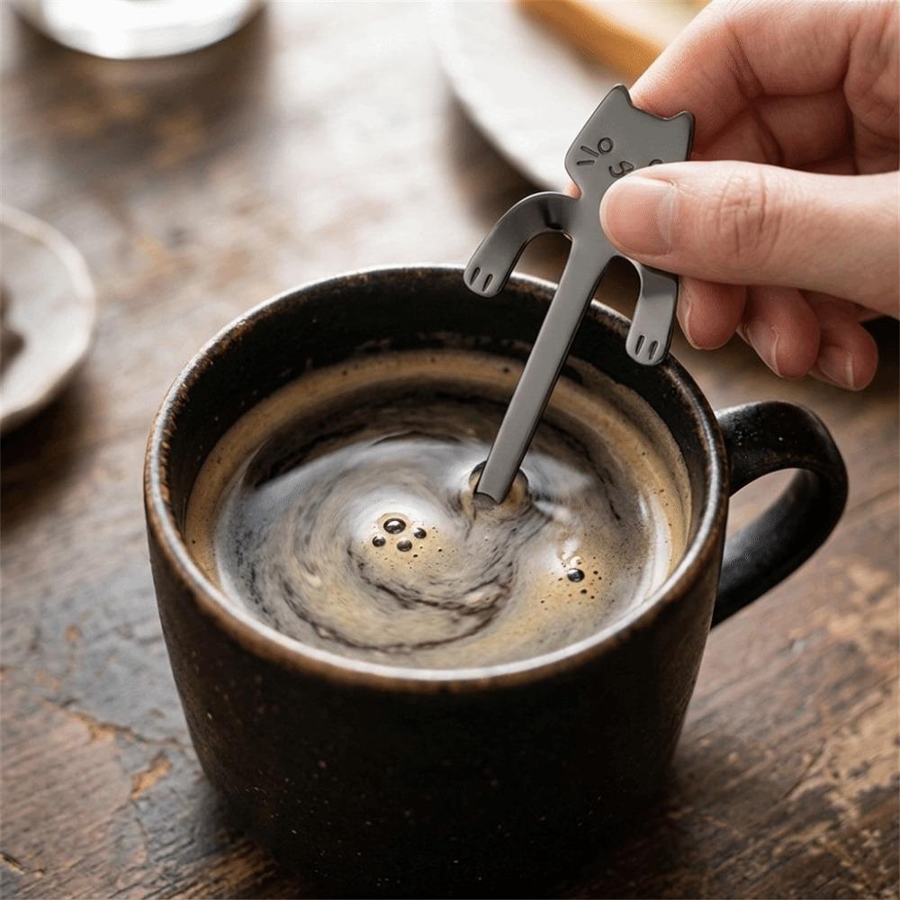 4Pcs Cute Rustless Steel Mini Spoon Polished Ergonomic Handle Table Spoon Smooth Cat Shaped Coffee Spoon Daily Use