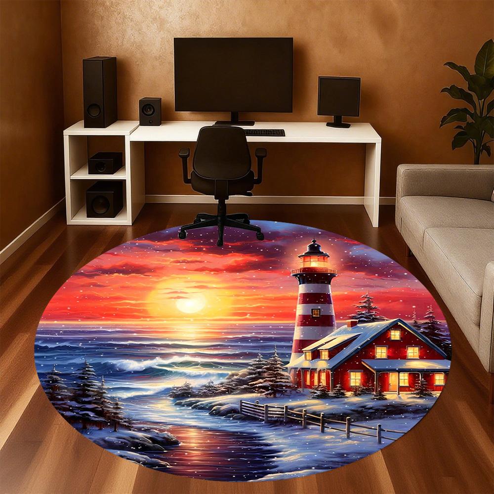 1pc Lighthouse Winter Round Chair Mat Office Area Rug - Non-Slip, Floor Mat for Office, Bedroom, Ideal Home Decor Gift C0112074