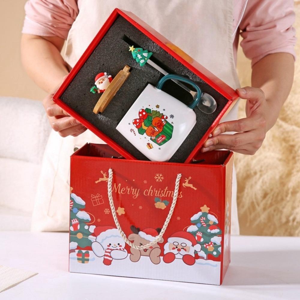 Merry Christmas Cup Spoon Set Wooden Lids Coffee Cup Teaspoon Cute Mug Gift Box  Home Use