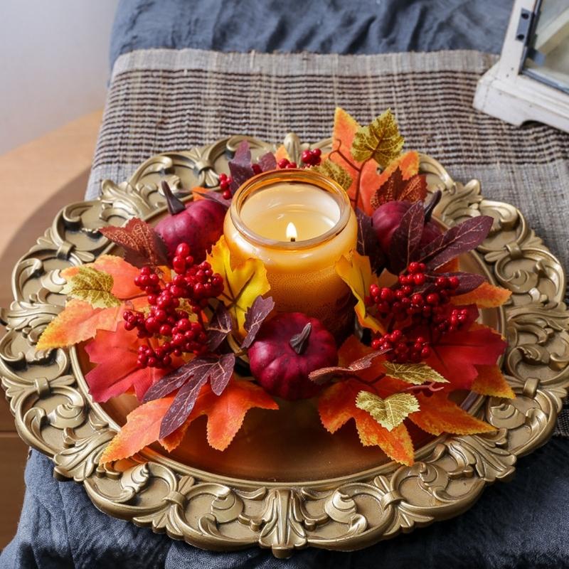 Fall Thanksgiving Table Decorations Vegetable Maple Leaf Candle Circle Safe