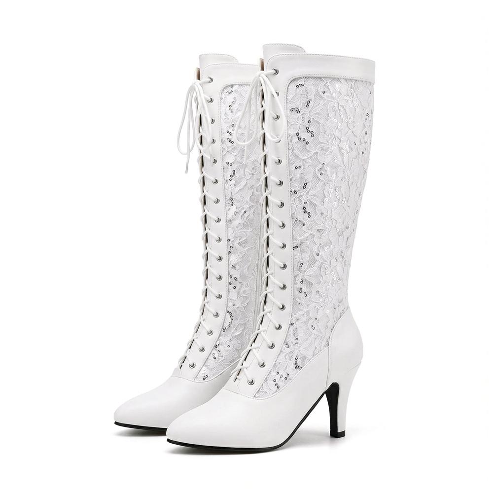 2026 New Big Size 47 Elegant White Lace Mesh Summer Boots Women Black Pointy Toe Thin High Heels Lace-up Mid-calf Boots Shoes