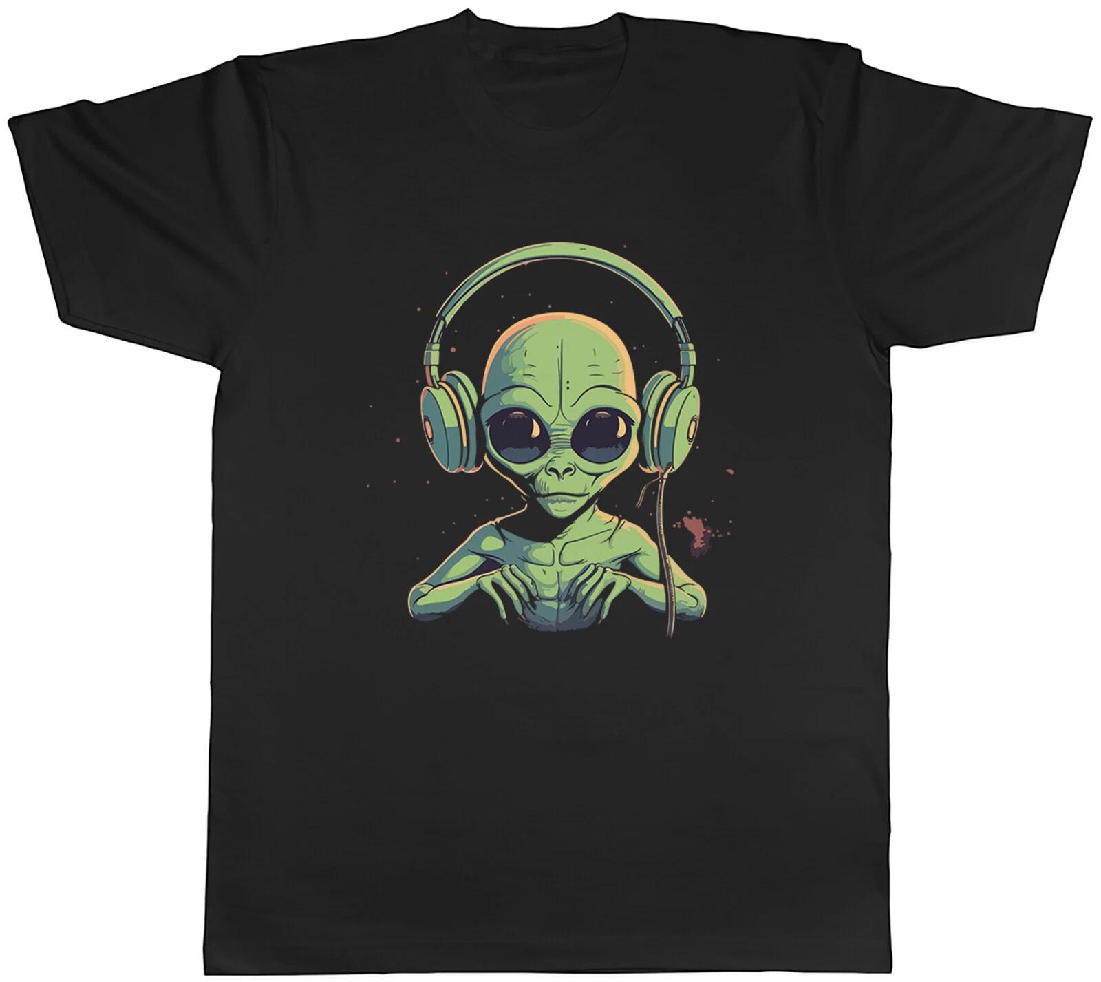 Alien Music Headphones Mens T-Shirt DJ Dance Party Rock Roll Indie Unisex Tee S