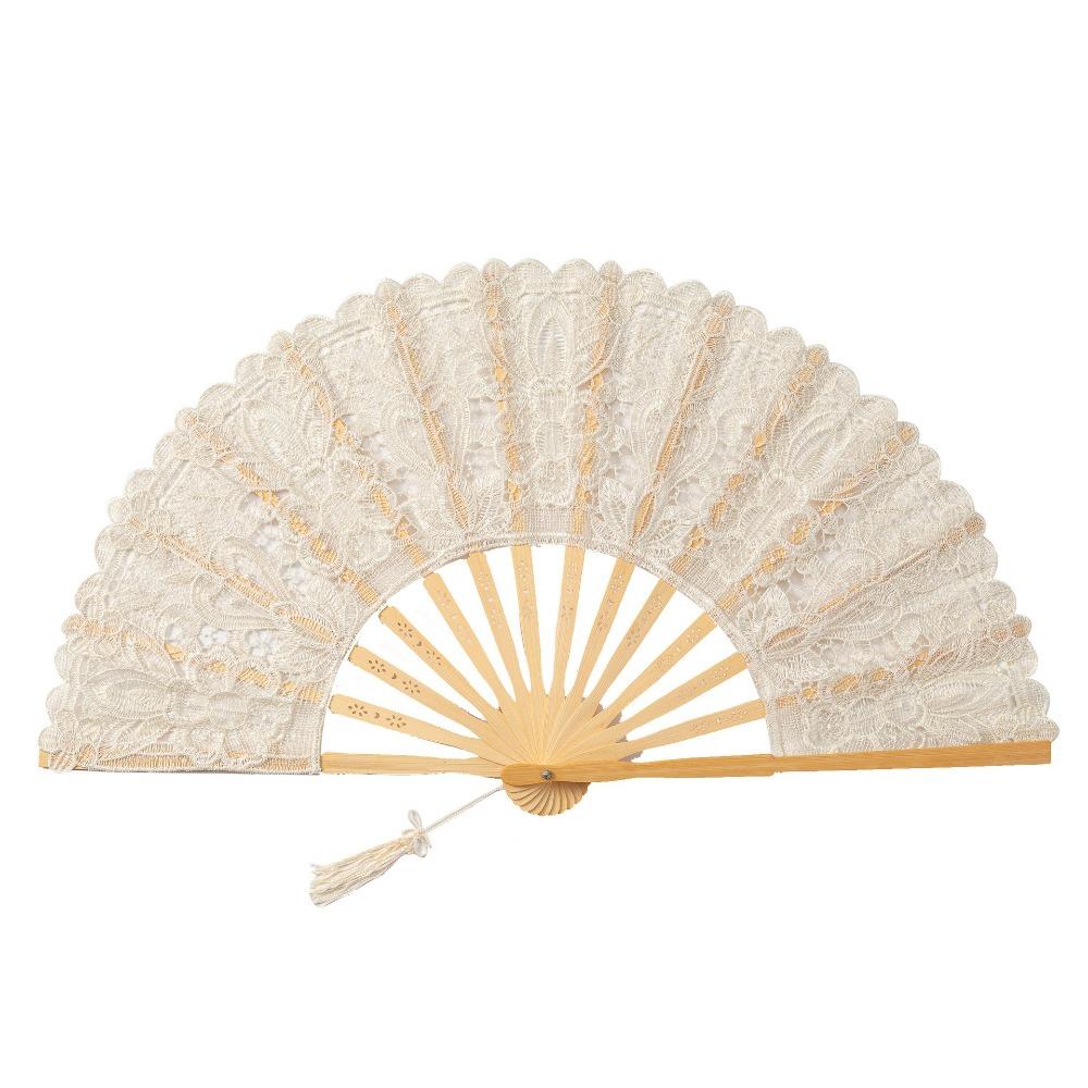 

Hollow Ribs Embroidered Folding Fan Tassel Pendant Dance Handheld Fan Dance Performance Style B Beige