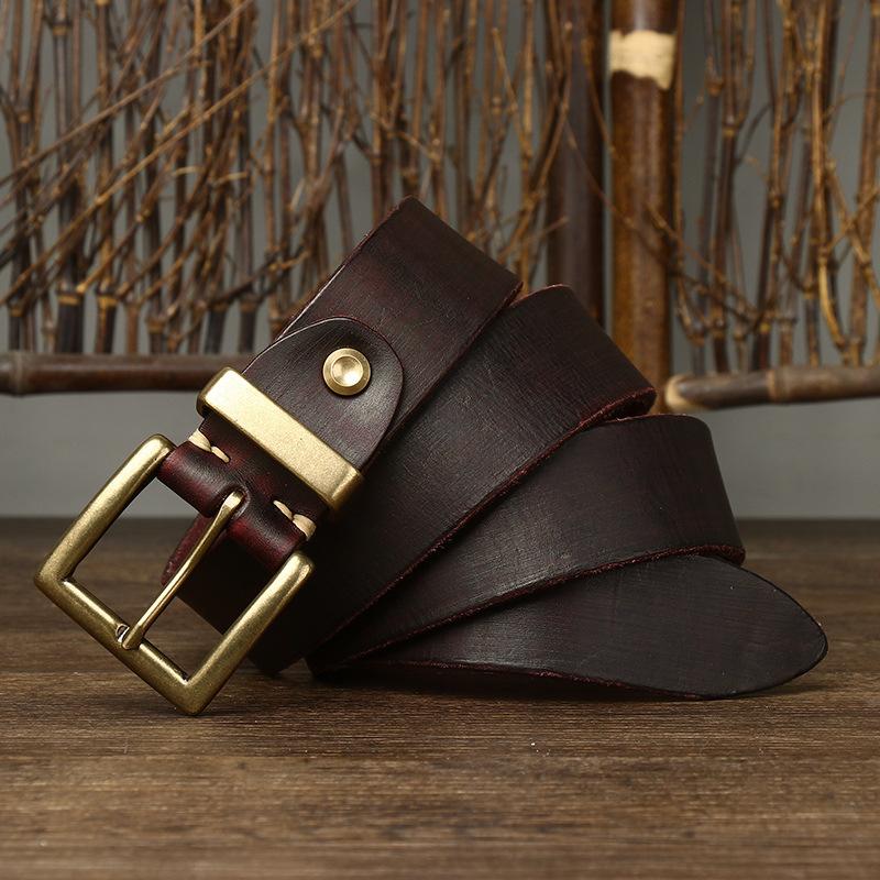 Korean Version Trendy Retro Style Belt Men'S Genuine Leather First Layer Cowhide New Copper Buckle Denim Overalls Belt Men'S