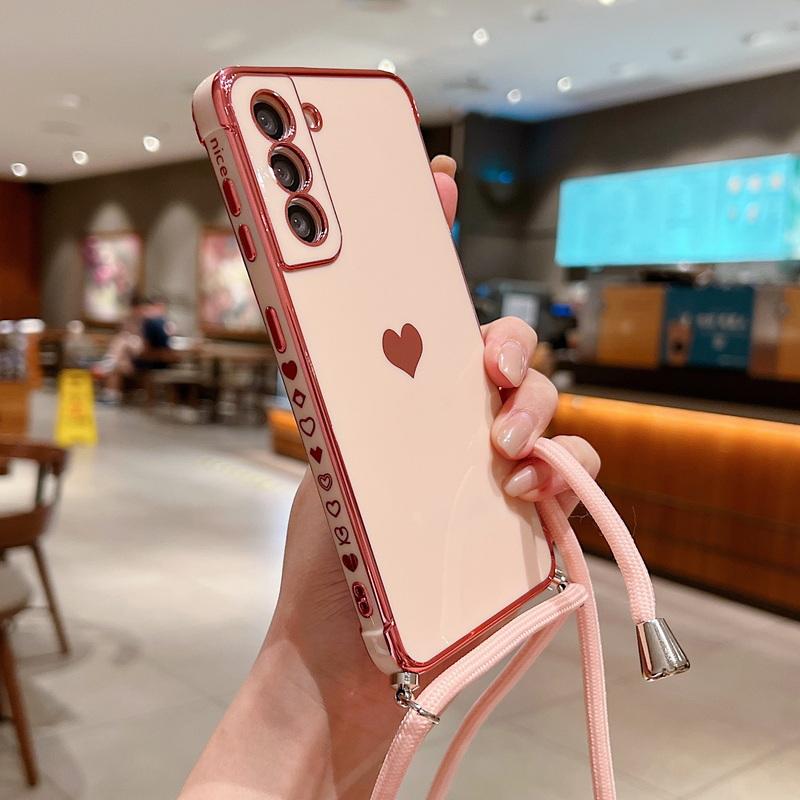 Crossbody Strap Cord Phone Case For Samsung Galaxy S25 S23 S24 Ultra S24 FE A35 A15 A16 A55 A54 5G Plating Heart Lanyard Cover