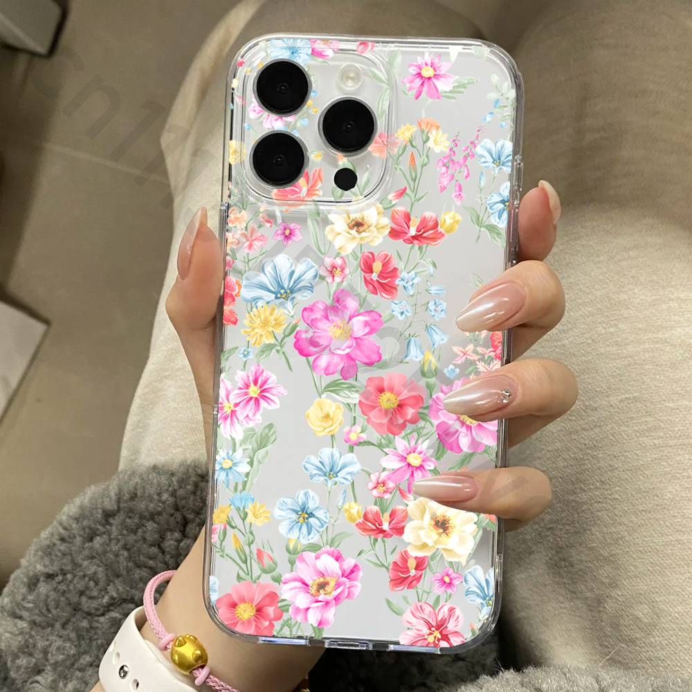 Flower Phone Case for iPhone 17 16 15 14 13 12 11 Pro Max Plus Air Mini 16E ProMax Transparent Case