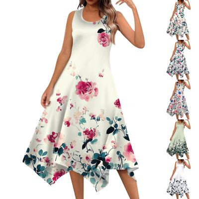 Abito midi da donna casual alla moda, con scollo rotondo, senza maniche, stampa floreale e orlo irregolare