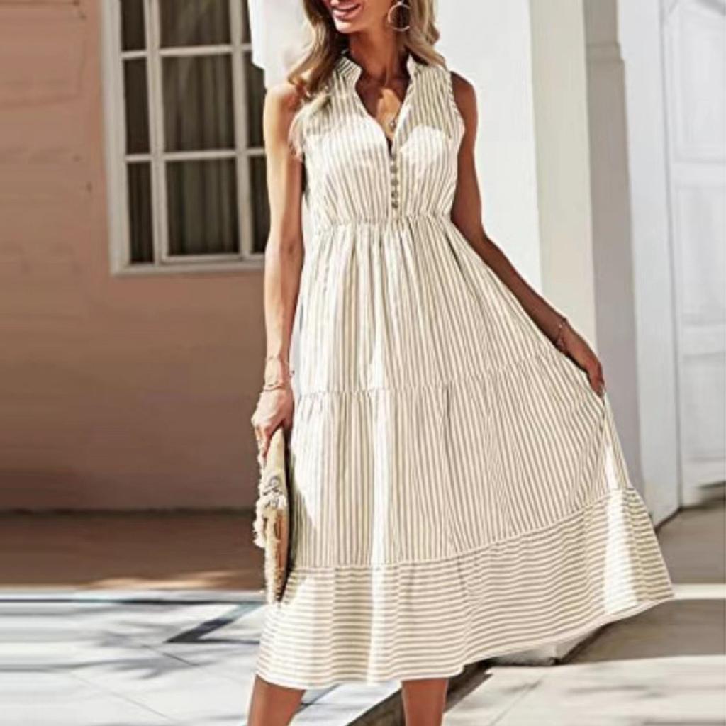 Women's Summer New Sleeveless Striped V-neck Waistcoat Dress