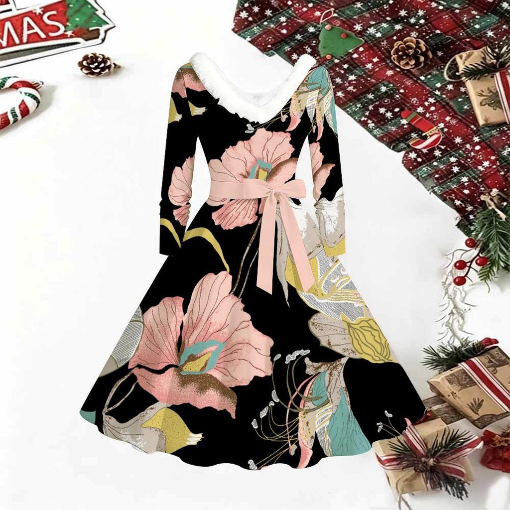 Women Floral Print Midi Dress, Long Sleeve V‑Neck Furry Trim A‑Line Party Dress, Christmas Limited Edition