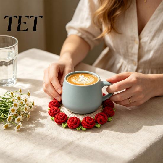 Decorative Plant Pot Display Stand Crochet Flower Bouquet Coaster, Handmade Knit Rose Mug Mat Transforms Into Bouquet, 2-in-1 Teacher Appreciation